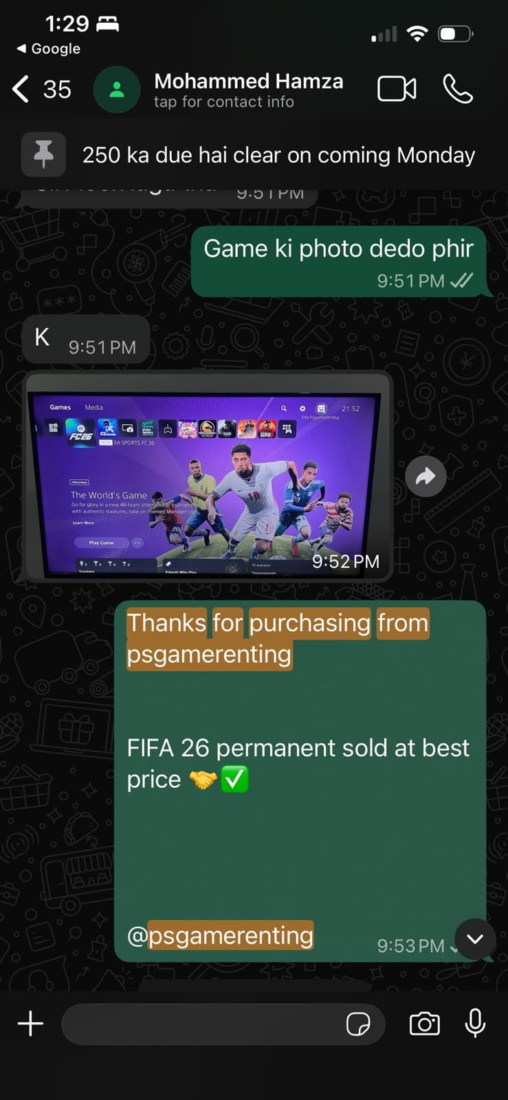 Customer WhatsApp review screenshot